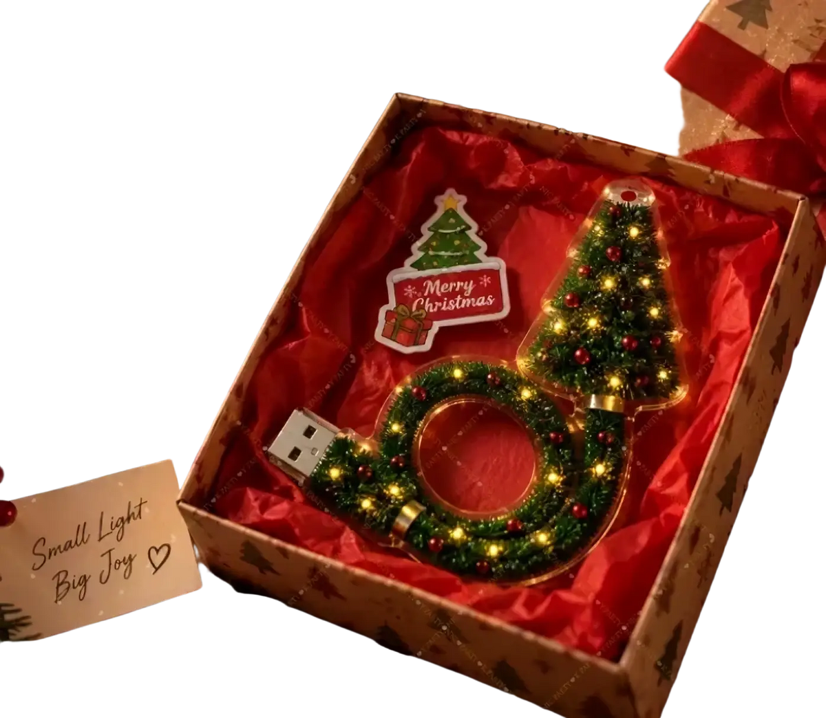 A festive green glittery usb flash drive shaped like a christmas tree wreath with red ornaments for holiday decor