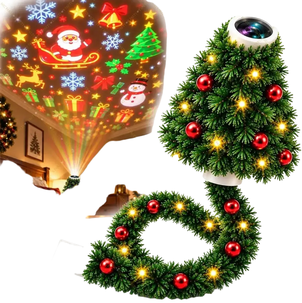 A festive green christmas tree led usb projector light with red ornaments and yellow lights for holiday decor projection