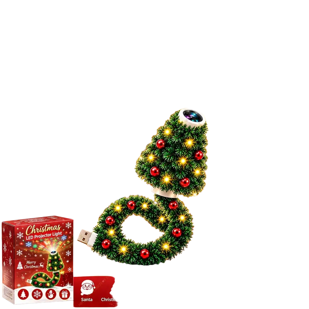 A festive christmas tree led projector light with red ornaments and warm glowing lights for holiday wall decor