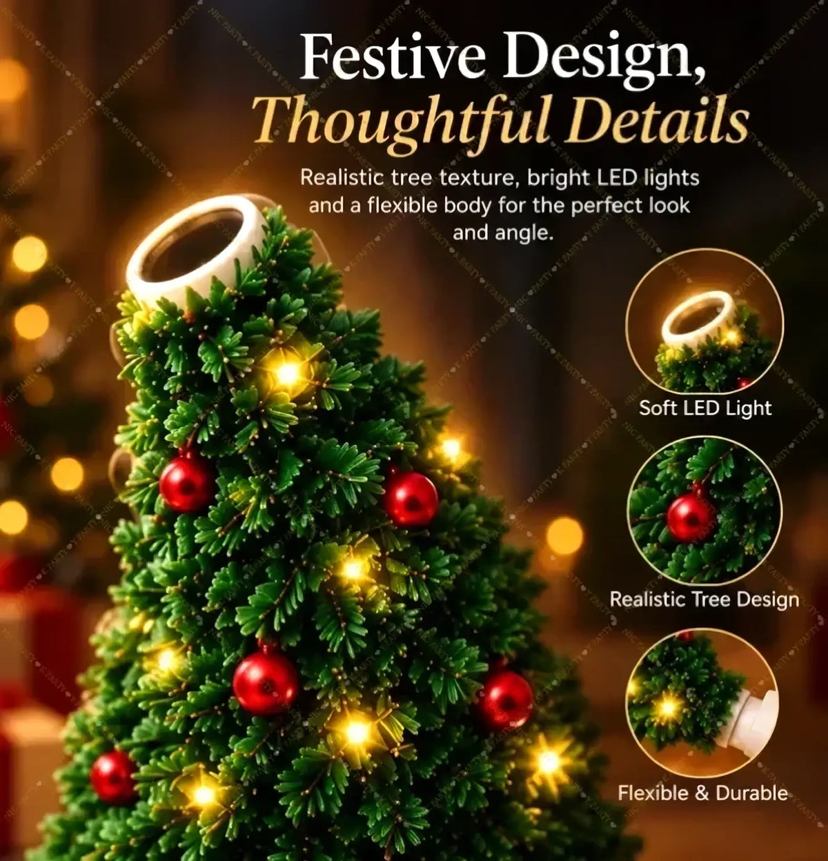 A miniature green christmas tree led projector light with red ornaments warm white leds and a flexible base for decoration