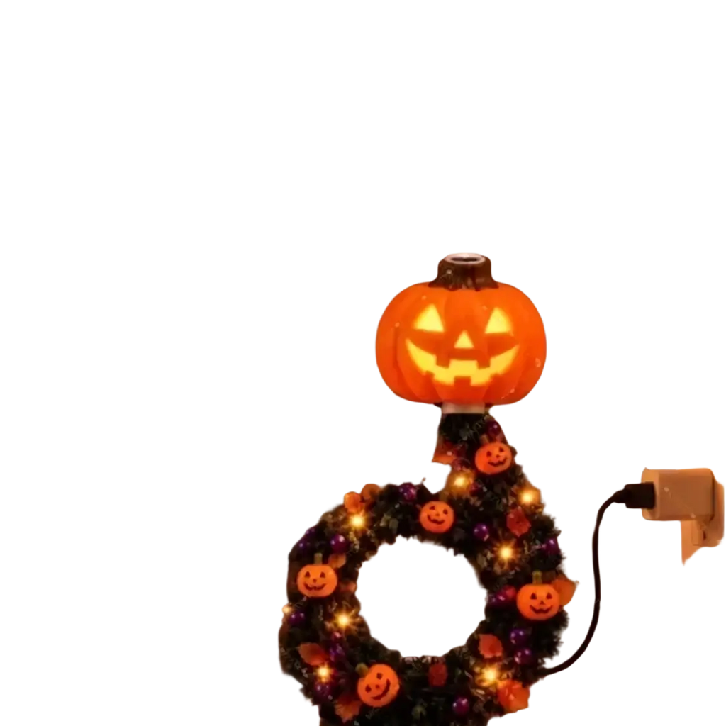 Orange pumpkin-shaped halloween led projector lamp with decorative wreath base for holiday wall decor