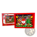 Christmas TV building blocks holiday toy featuring red-framed pixelated Santa Claus and festive miniature trees display