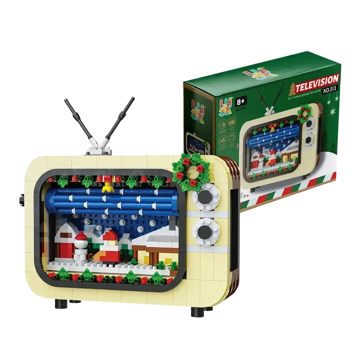 Cream-colored lego christmas tv building blocks holiday toy with festive scene and green holly with red berries decoration