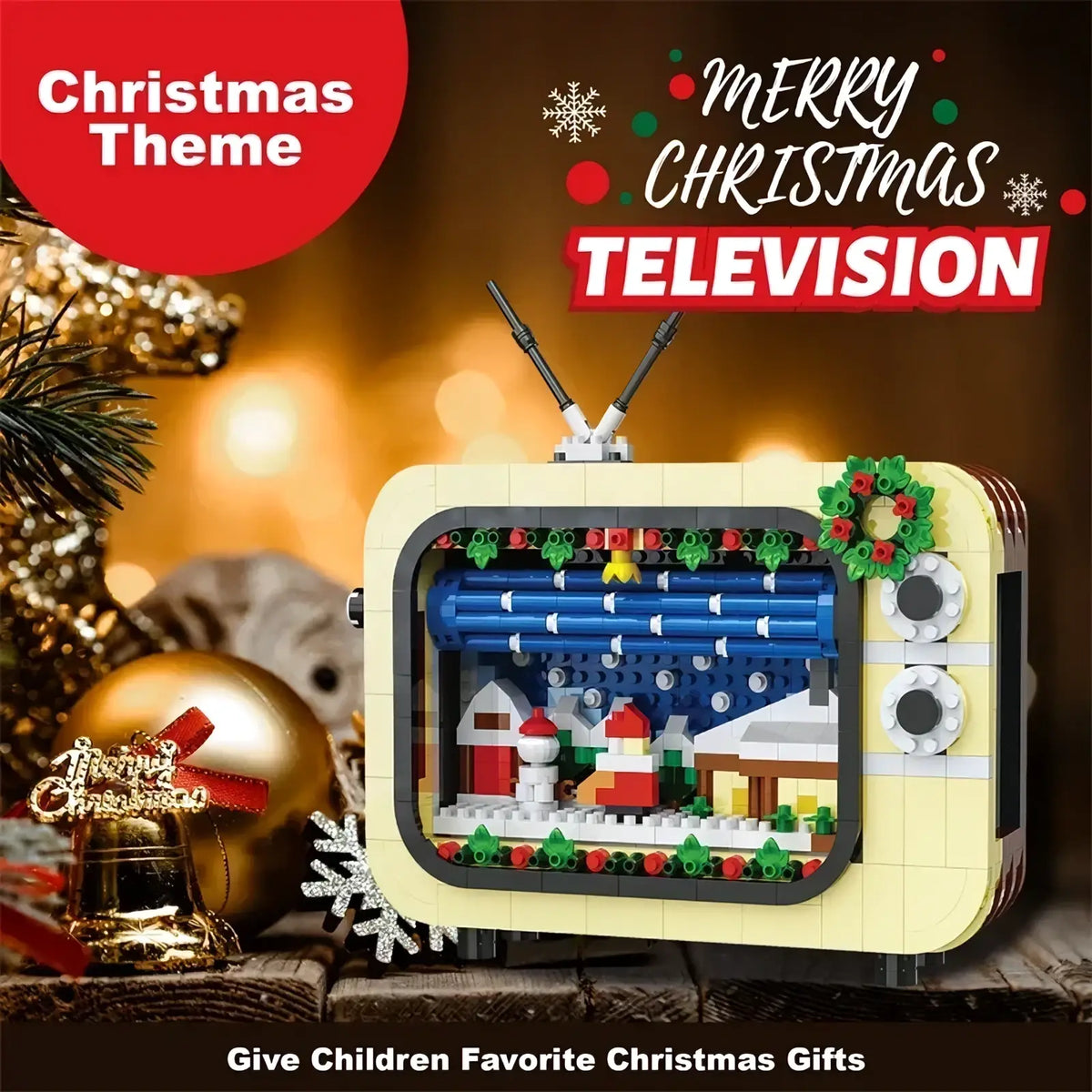 Cream-colored lego christmas tv building blocks featuring a festive holiday scene with miniature houses and decorations