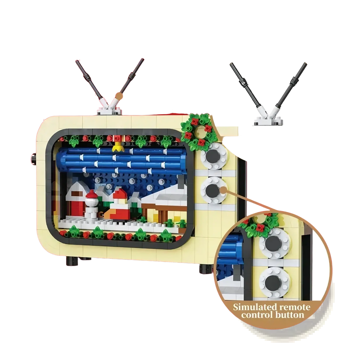 Cream-colored lego Christmas TV building blocks toy with festive holiday scene and decorative wreaths on screen