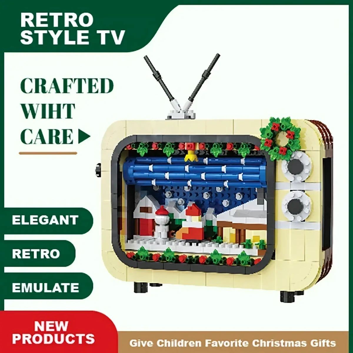 Cream-colored retro-style tv made of interlocking plastic bricks featuring a festive christmas scene with red and green decorations