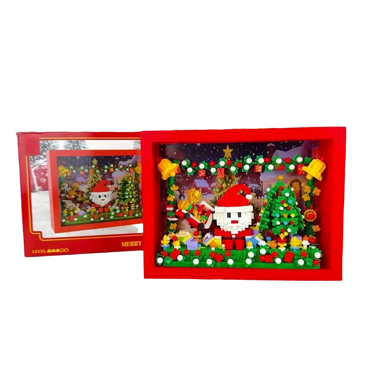 Red-framed lego christmas tv building blocks featuring pixelated santa in red and white with trees and bells holiday toy