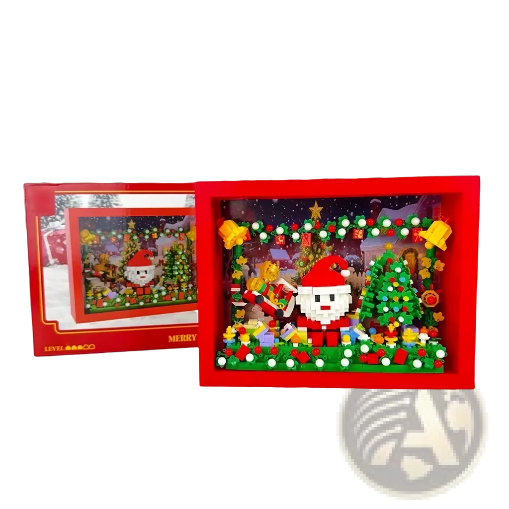 Red-framed christmas tv building blocks featuring a pixelated santa claus with trees gifts and bells in lego diorama