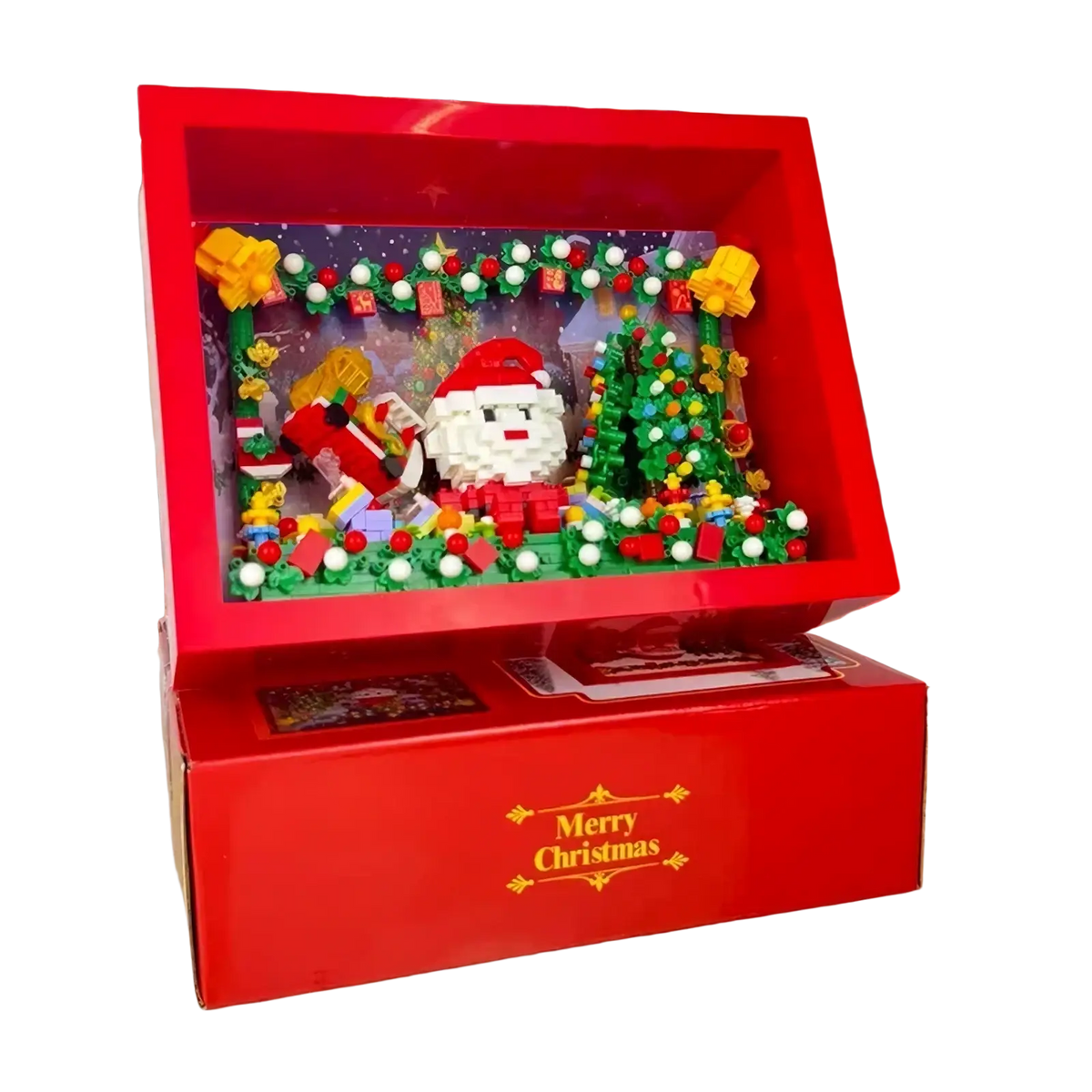 Red lego christmas diorama box with pixelated santa claus and green yellow festive elements for holiday building blocks toy