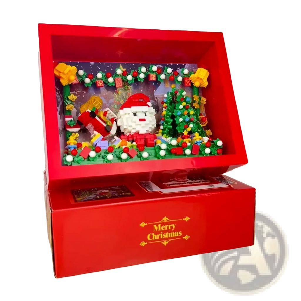 Red lego christmas diorama box with pixelated santa claus and green yellow festive elements for holiday building blocks toy