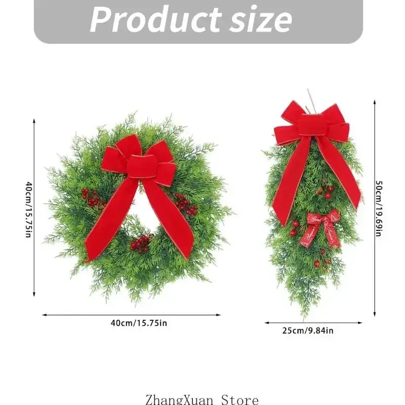 Green artificial christmas wreath with red velvet bow and decorative berries package includes one piece for holiday porch decoration