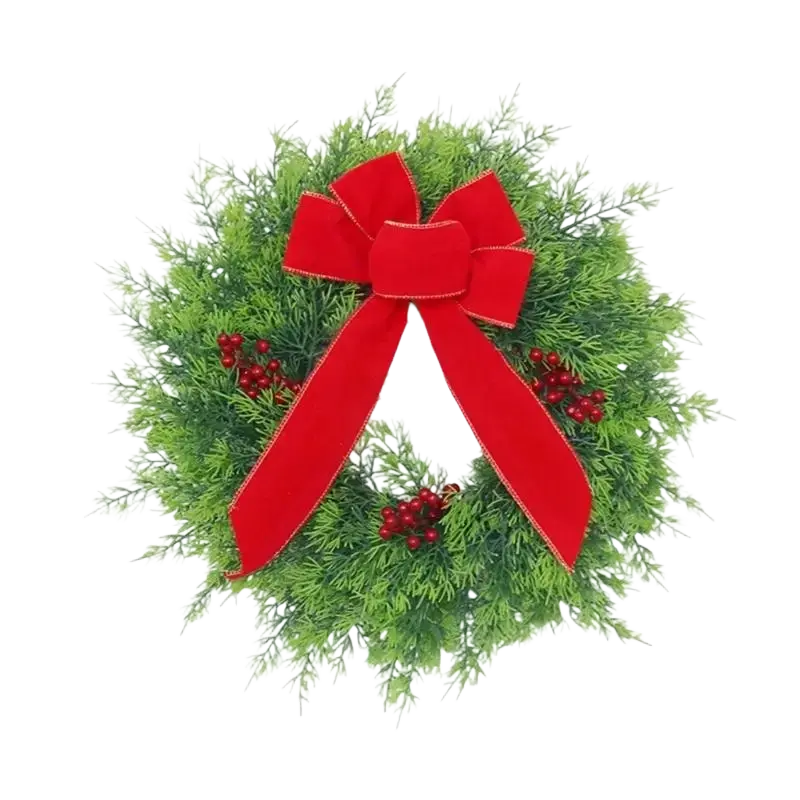 A festive green Christmas wreath with a red velvet bow and red berries package includes one piece for holiday porch decoration