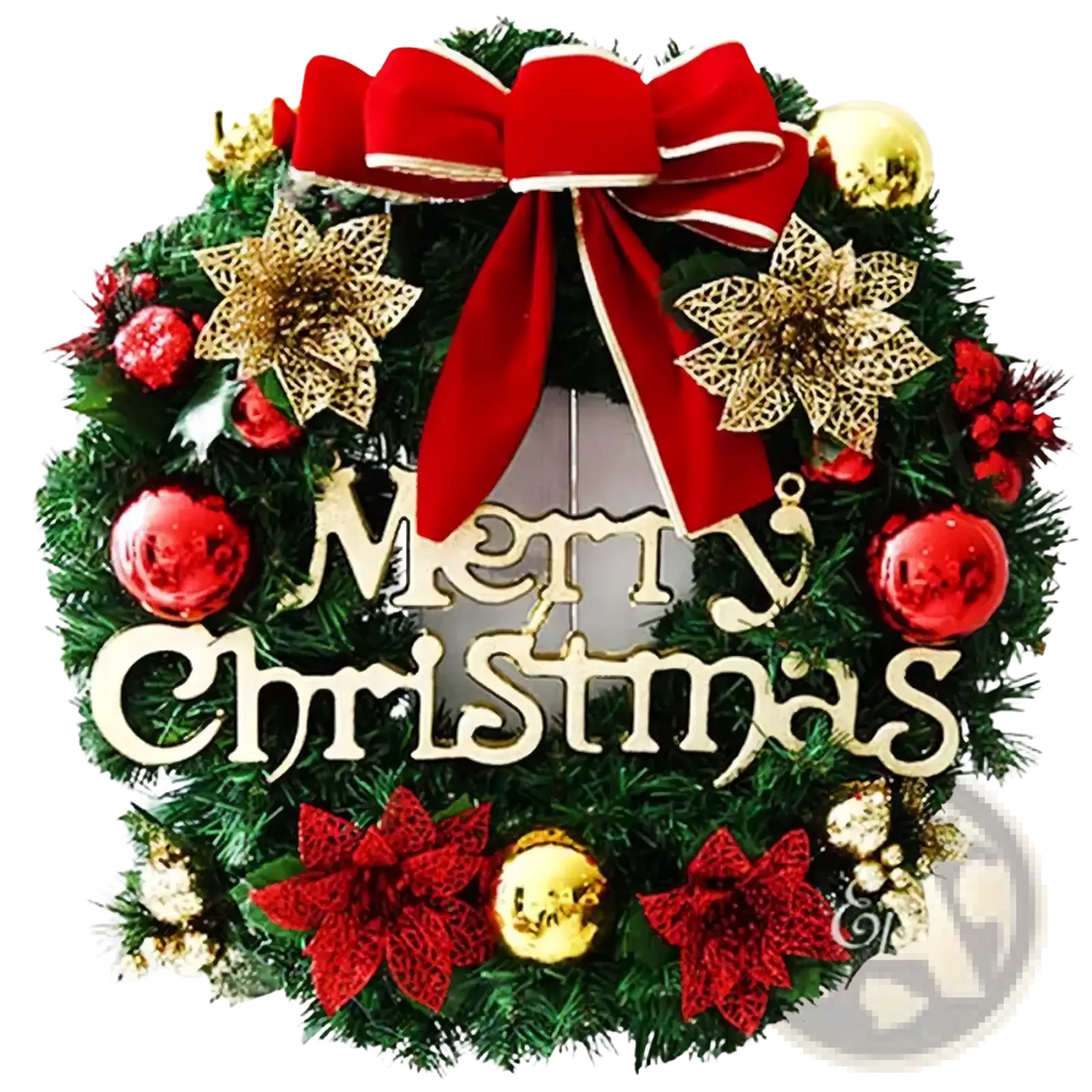 A festive green christmas wreath with a red velvet bow gold and red flowers and merry christmas wood lettering holiday decor