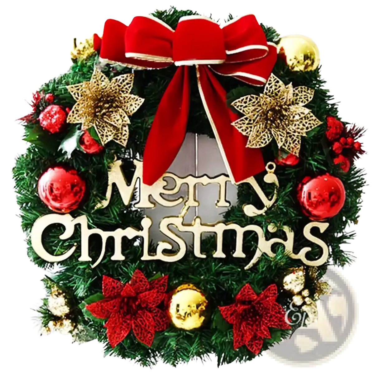 A festive green christmas wreath with a red velvet bow gold and red flowers and merry christmas wood lettering holiday decor