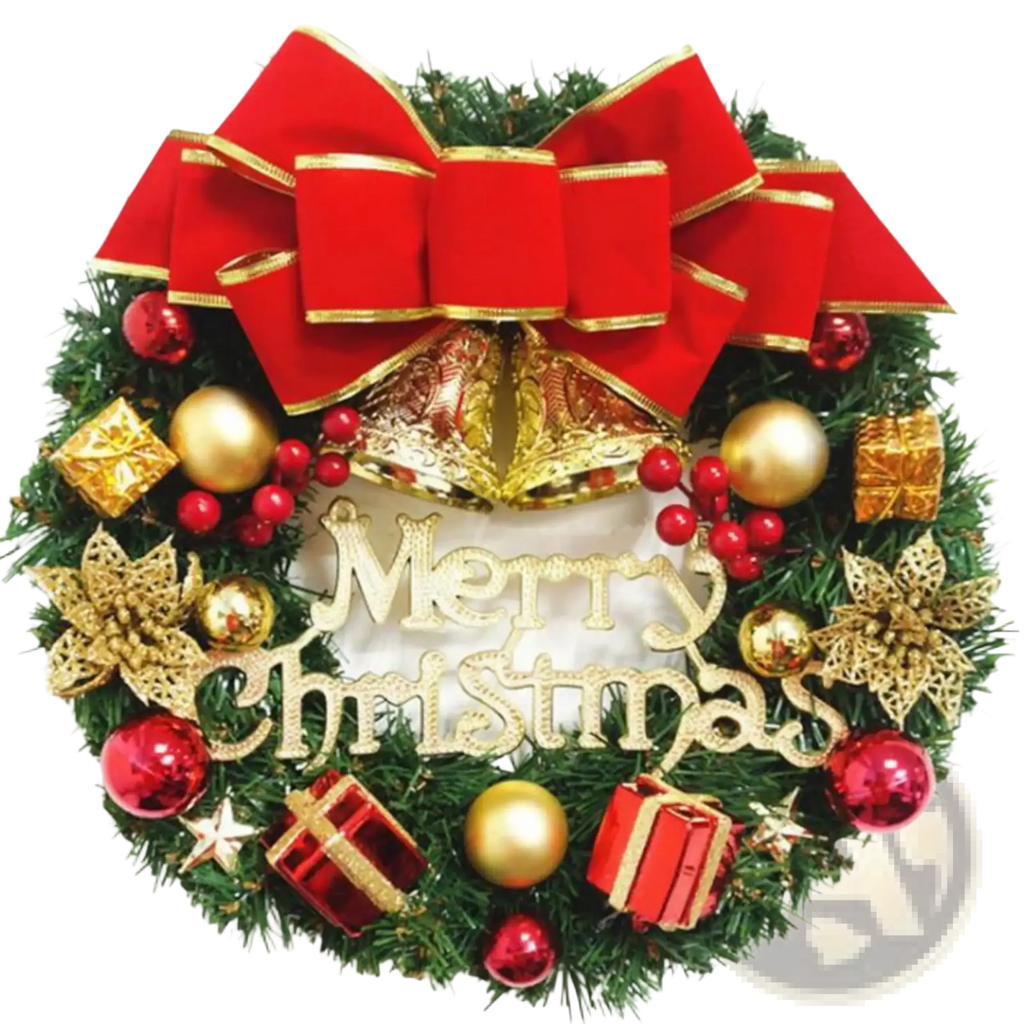 Festive christmas wreath with red velvet bow gold and red ornaments merry christmas lettering and golden stars door decor