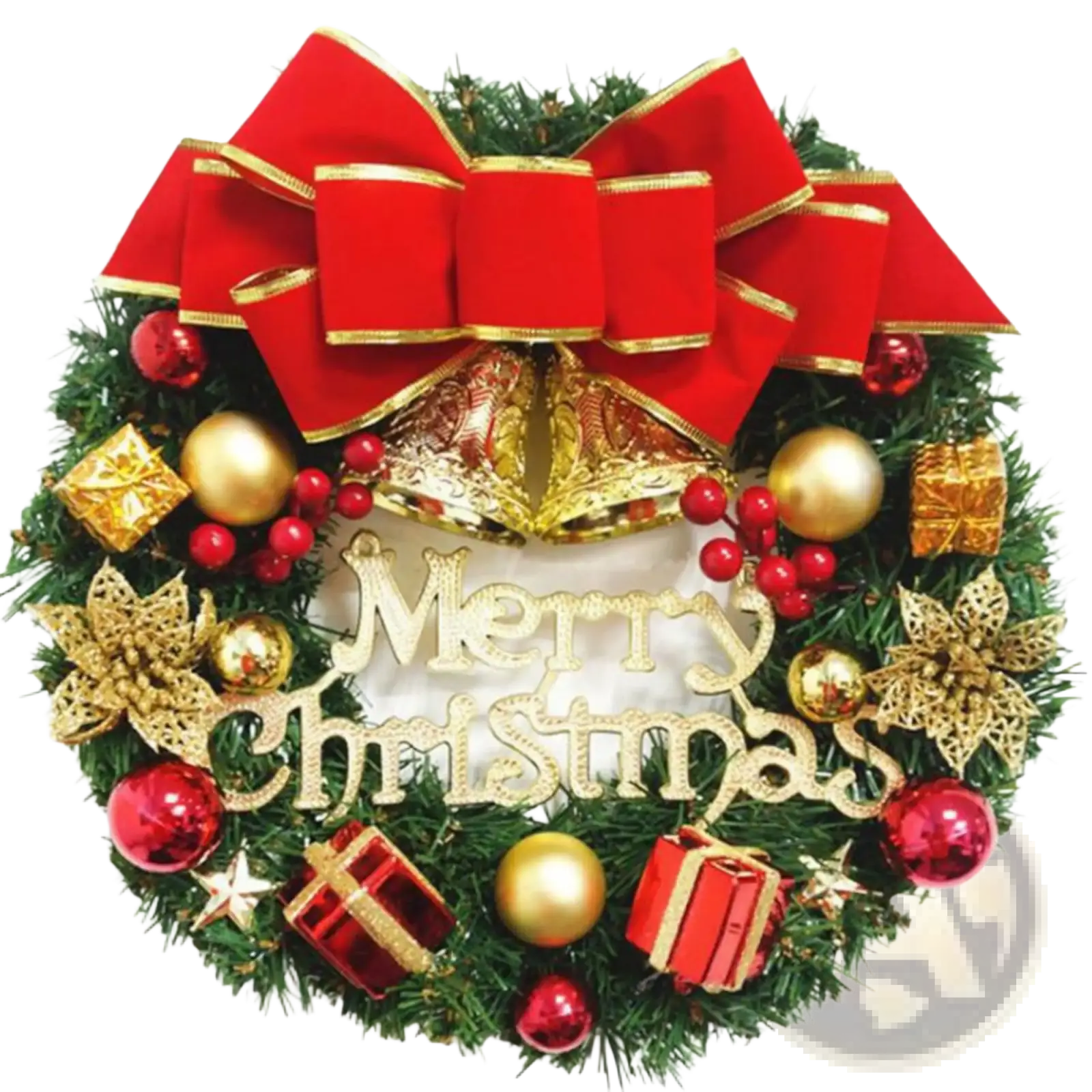 Festive christmas wreath with red velvet bow gold and red ornaments merry christmas lettering and golden stars door decor