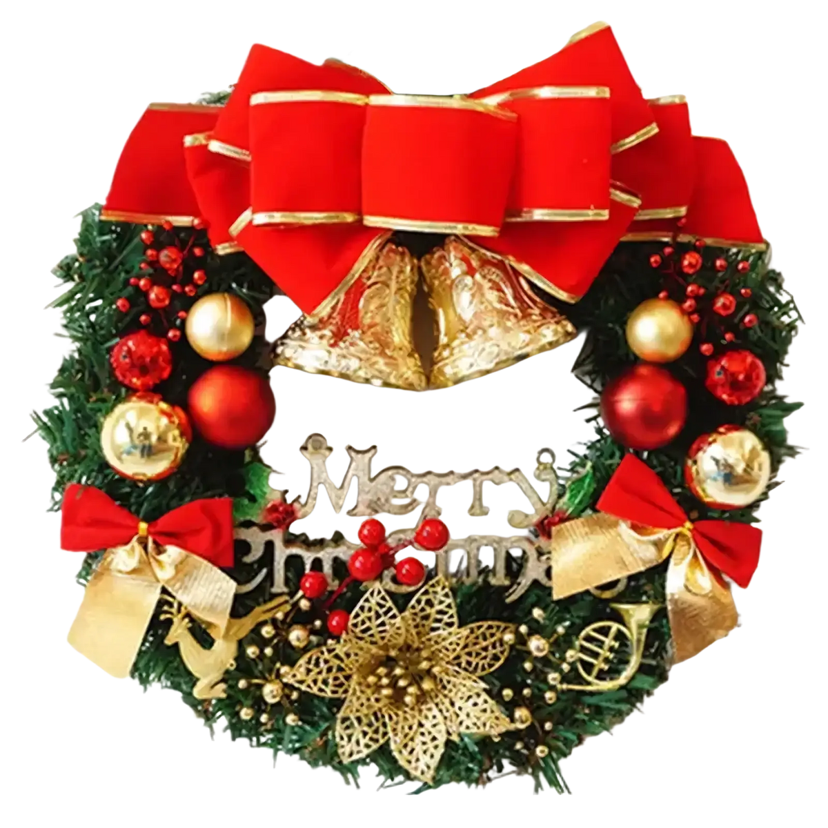 A festive christmas wreath with lush greenery red and gold ornaments velvet bow metallic bells and poinsettia flowers
