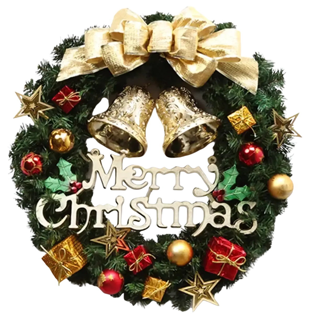 A festive green Christmas wreath with velvet bow, gold and red ornaments, bells, stars, and merry Christmas sign for door decor