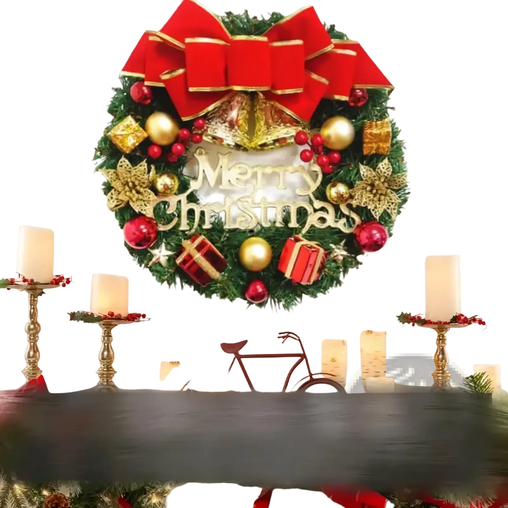 A festive green christmas wreath with velvet red bow gold and red ornaments miniature gifts and merry christmas message