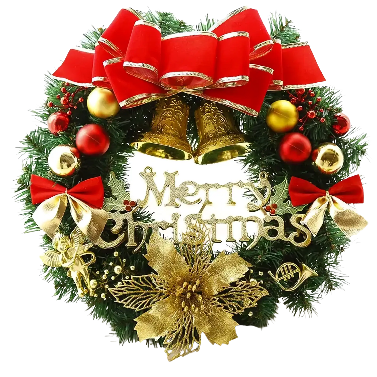 A festive green christmas wreath with velvet bow, red and gold ornaments, bells, merry christmas lettering, and poinsettias