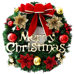 A festive green christmas wreath with a red velvet bow gold and red flowers and merry christmas wood lettering holiday decor