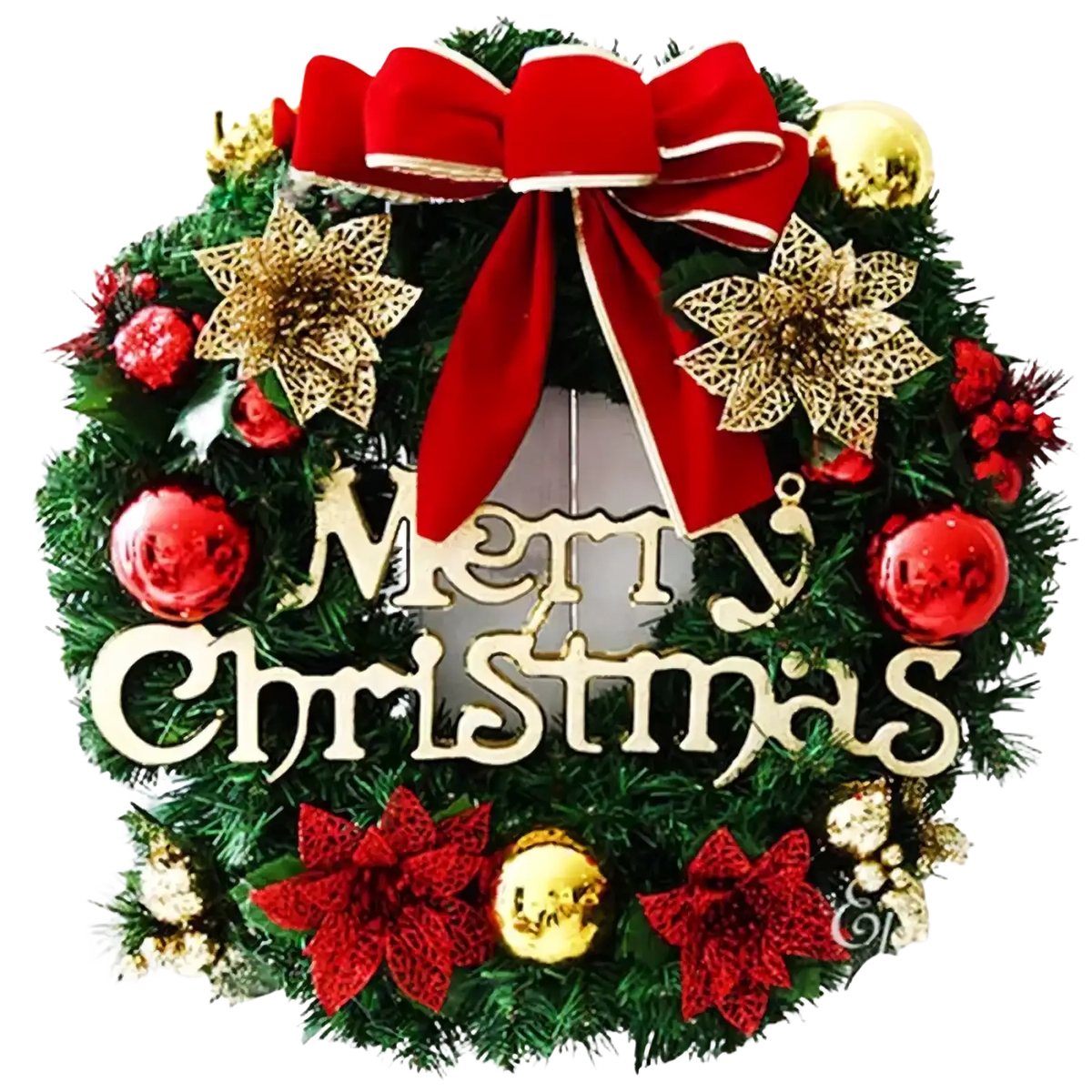 A festive green christmas wreath with a red velvet bow gold and red flowers and merry christmas wood lettering holiday decor