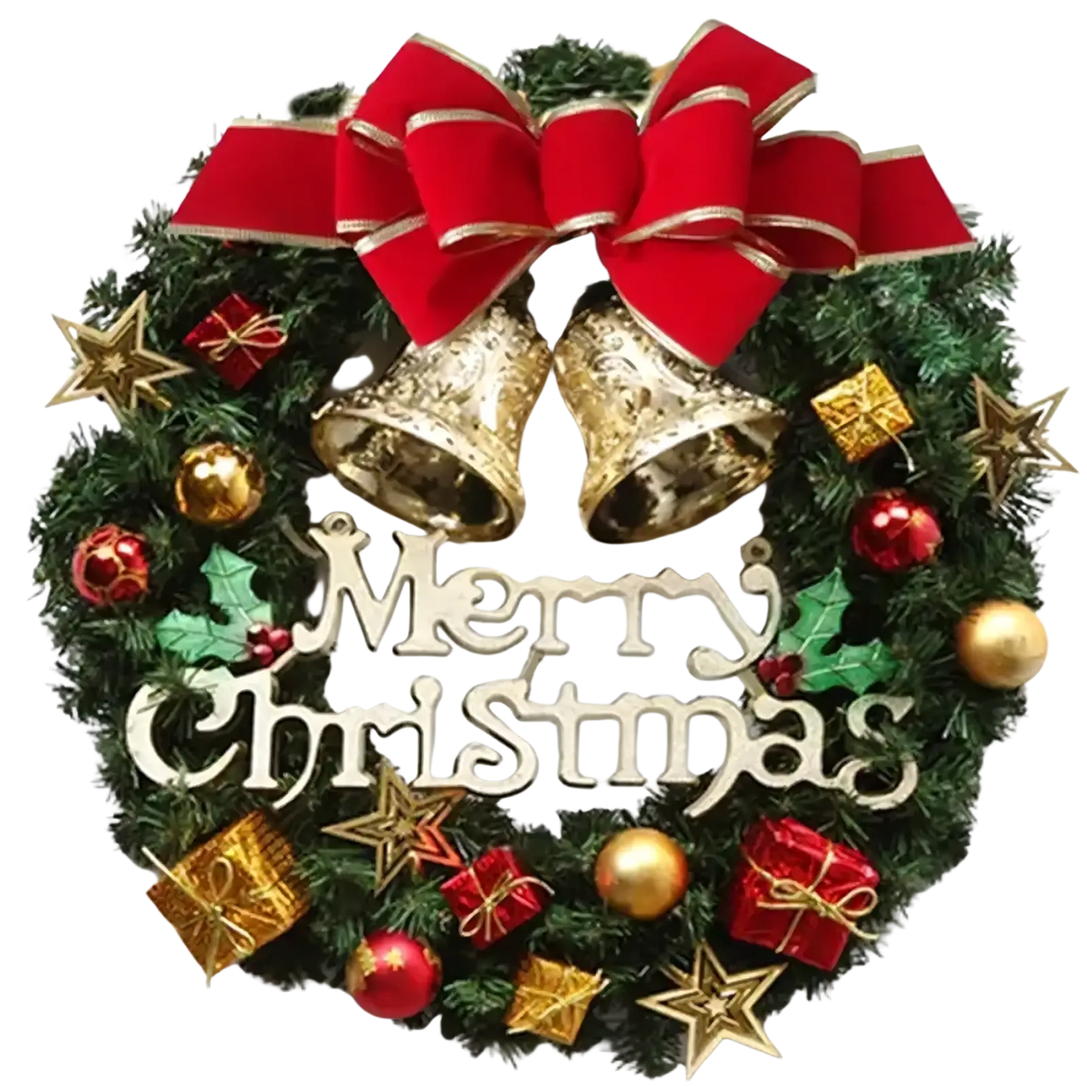 A festive green christmas wreath with red velvet bow gold bells red and gold ornaments and merry christmas lettering