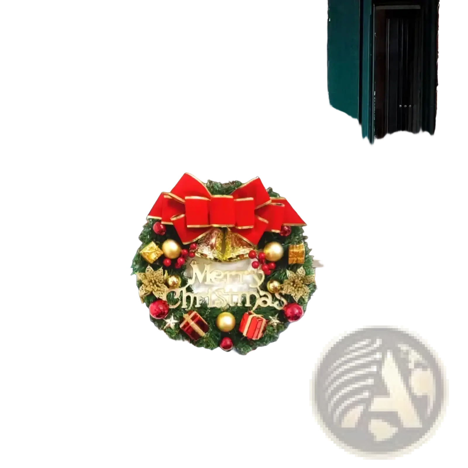 A festive red and gold christmas wreath with velvet bow decorative ornaments and merry christmas lettering for door hanging decor