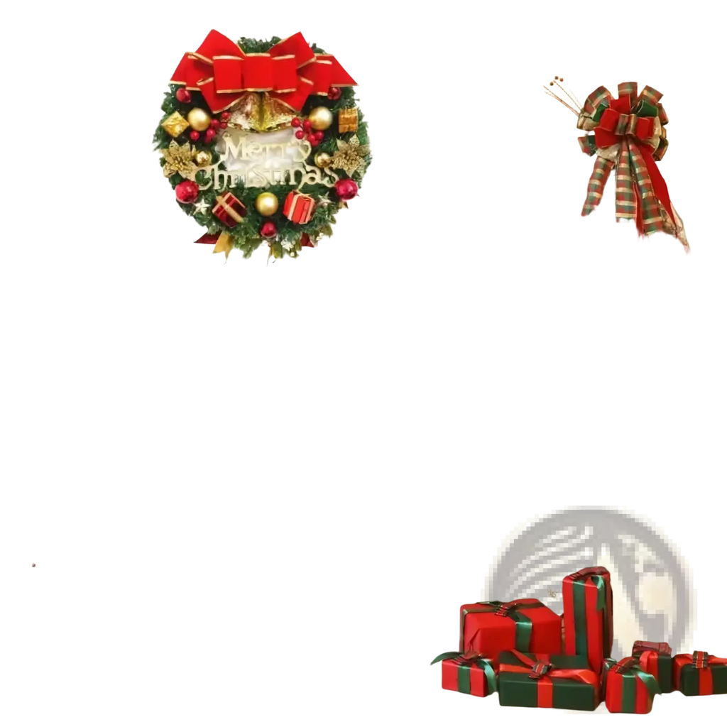 Festive red and green christmas wreath with gold ornaments velvet bow and merry christmas lettering for door decor
