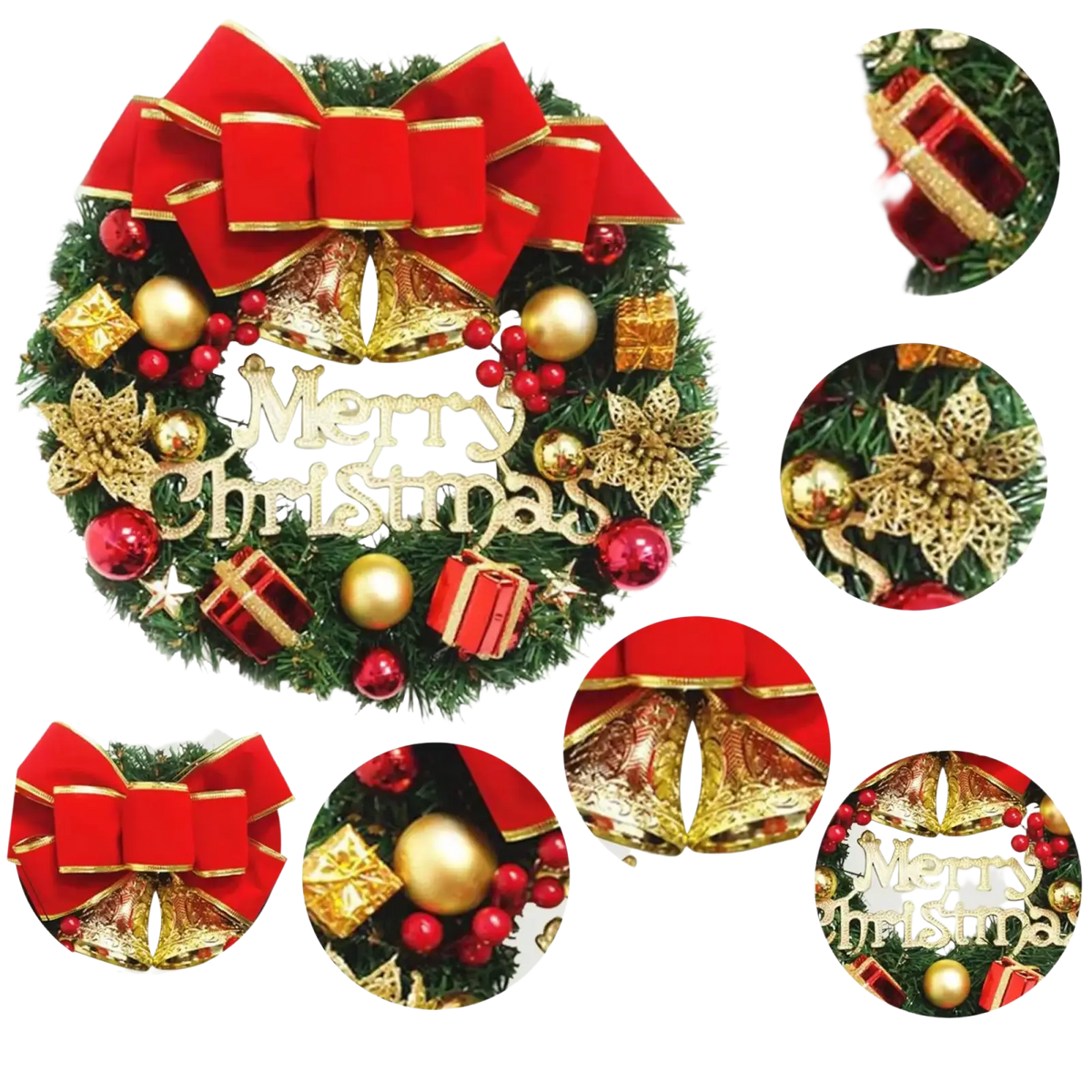 Christmas wreath door hanging decor featuring a red velvet bow with gold trim for festive holiday decoration