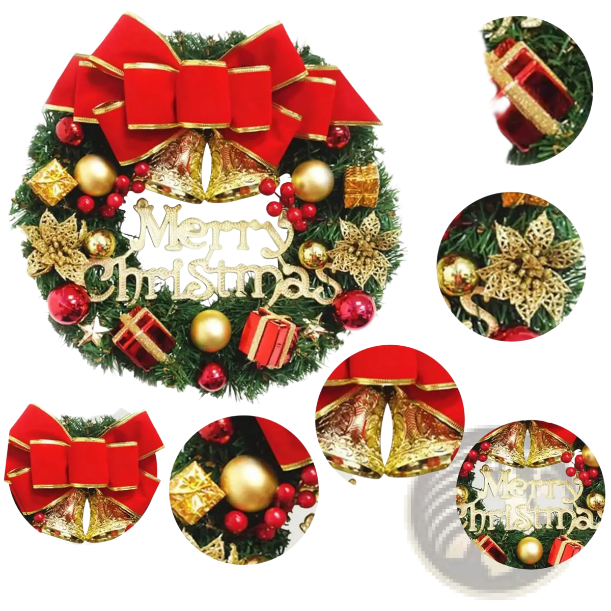 Christmas wreath door hanging decor featuring a red velvet bow with gold trim for festive holiday decoration
