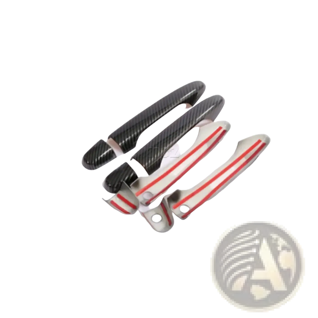 Set of four chrome door handle covers for Honda Civic CR-V 2012-2016 in black carbon fiber and silver with red stripes