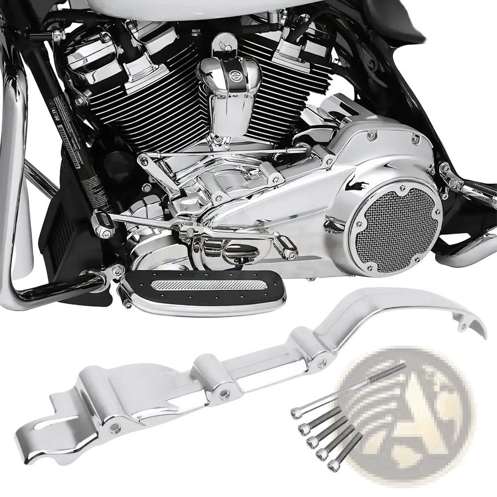 Chrome-finished motorcycle footpeg with textured black rubber pad and matching chrome bracket for Harley Touring 17-22