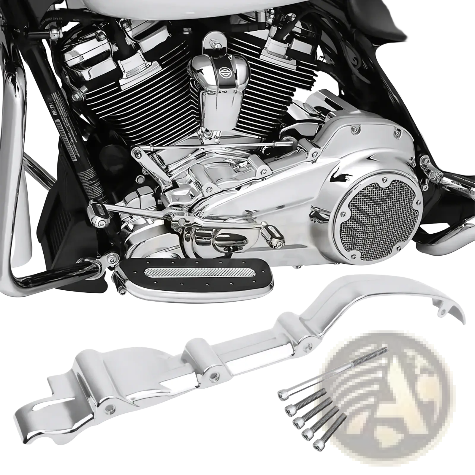 Chrome-finished motorcycle footpeg with textured black rubber pad and matching chrome bracket for Harley Touring 17-22