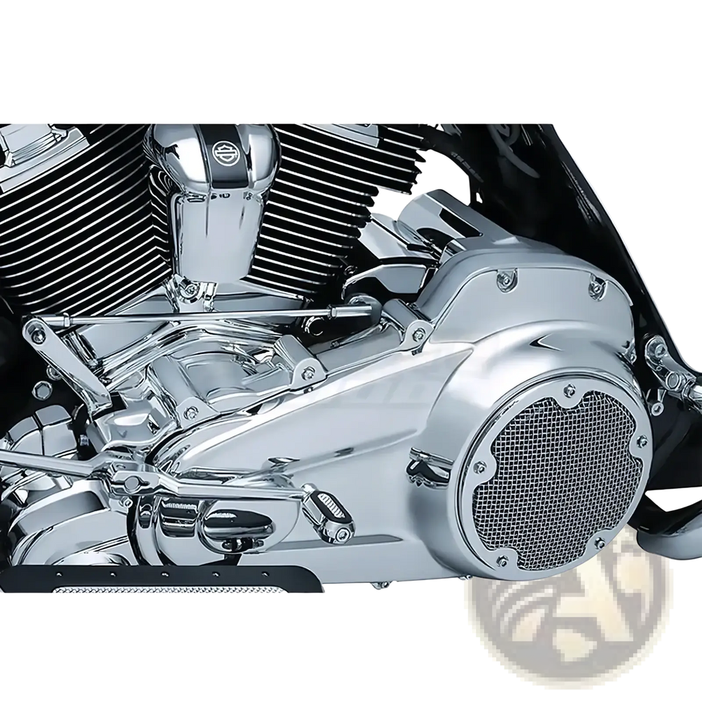 Chrome inner primary accent cover for Harley Touring 17-22 with chrome finish mesh grille and polished metal design