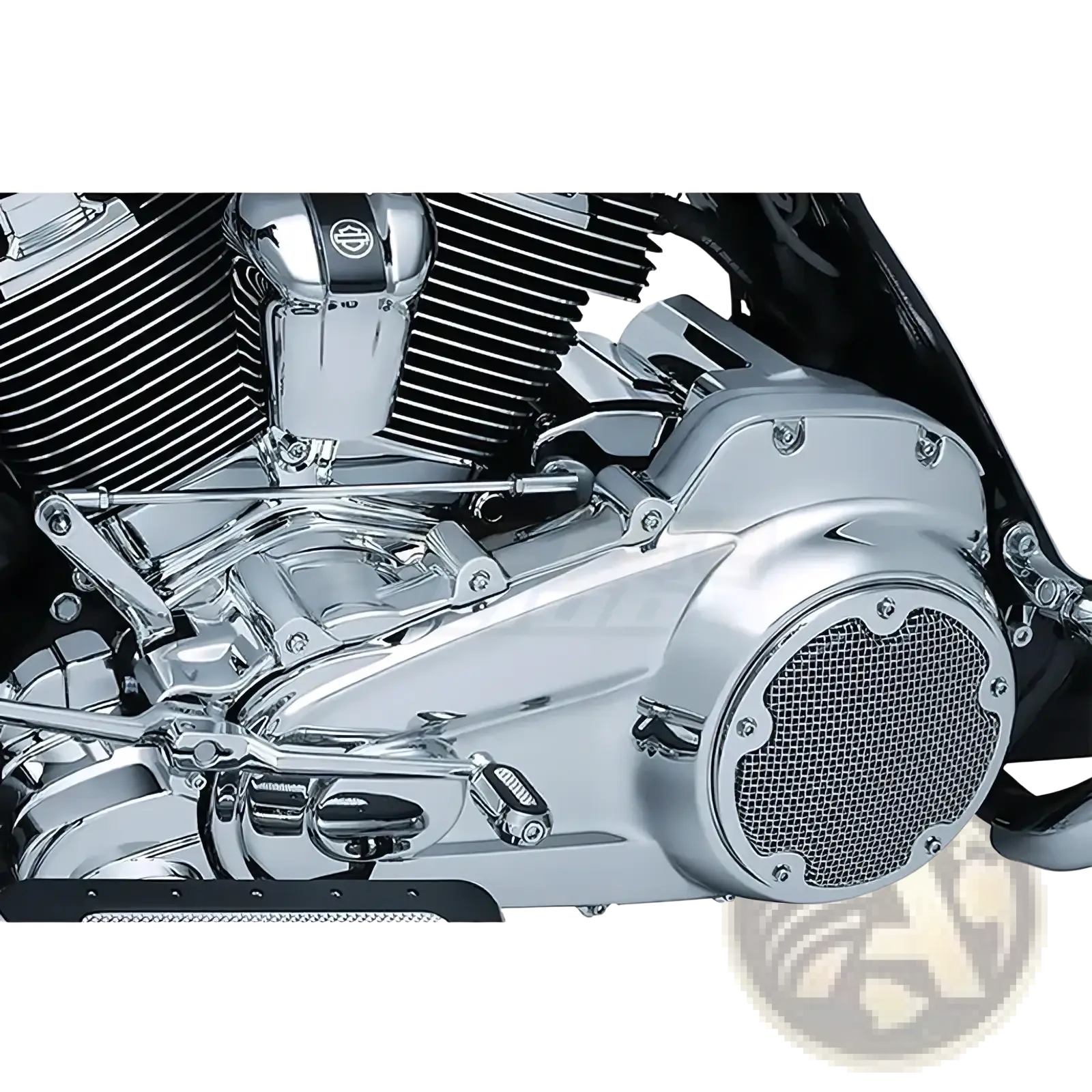 Chrome inner primary accent cover for Harley Touring 17-22 with chrome finish mesh grille and polished metal design