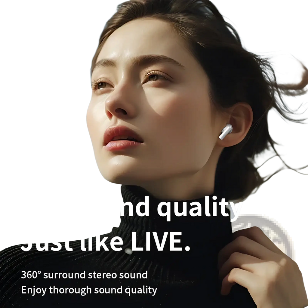 White chuban wireless earbud with sleek minimalist design worn in ear featuring active noise cancelling technology