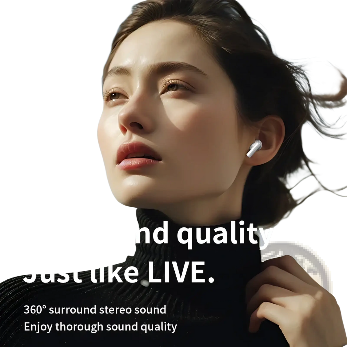White chuban wireless earbud with sleek minimalist design worn in ear featuring active noise cancelling technology