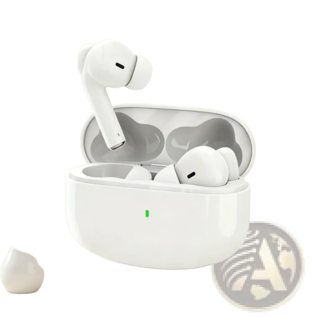 Chuban wireless earbuds active noise cancelling white nestled in sleek glossy white charging case with green light