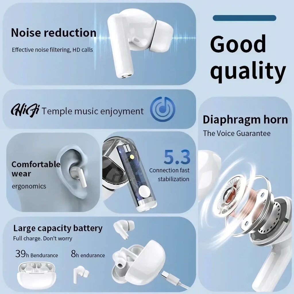 White chuban wireless earbuds with active noise cancelling feature and ergonomic design with matching charging case