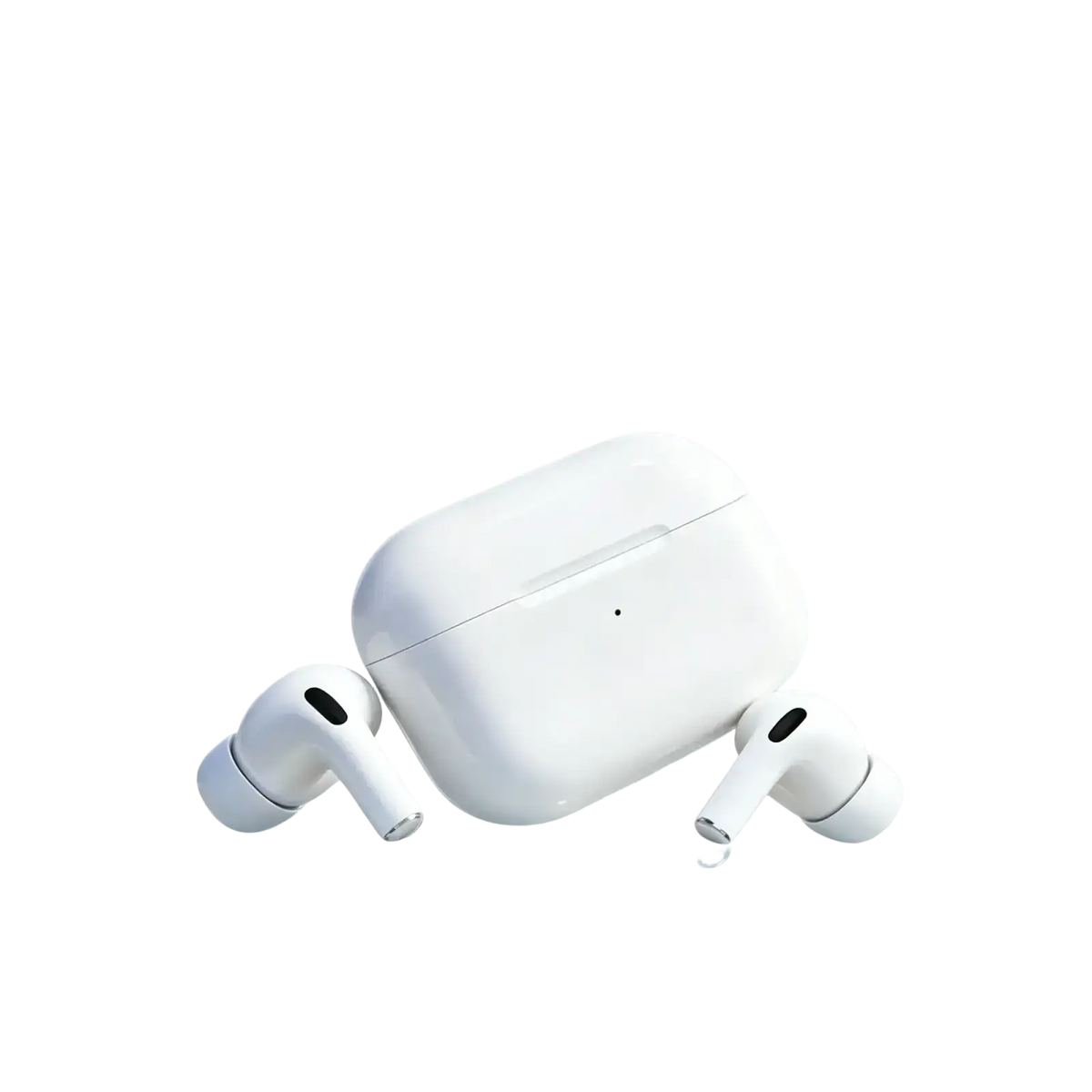 White Apple AirPods Pro wireless earbuds with sleek glossy finish and charging case for enhanced battery life and listening experience