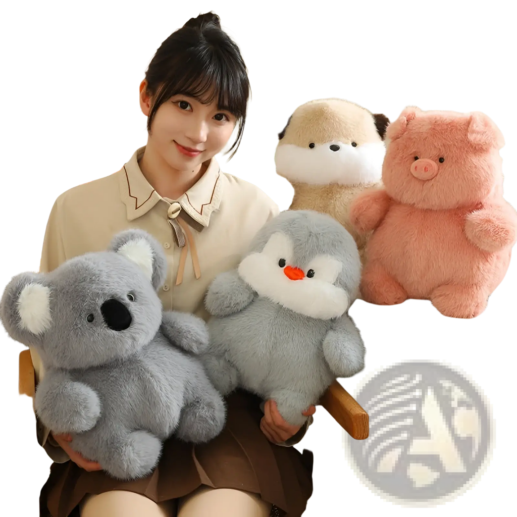 Gray koala plush toy with white inner ears and black nose lying flat soft stuffed chubby animal doll