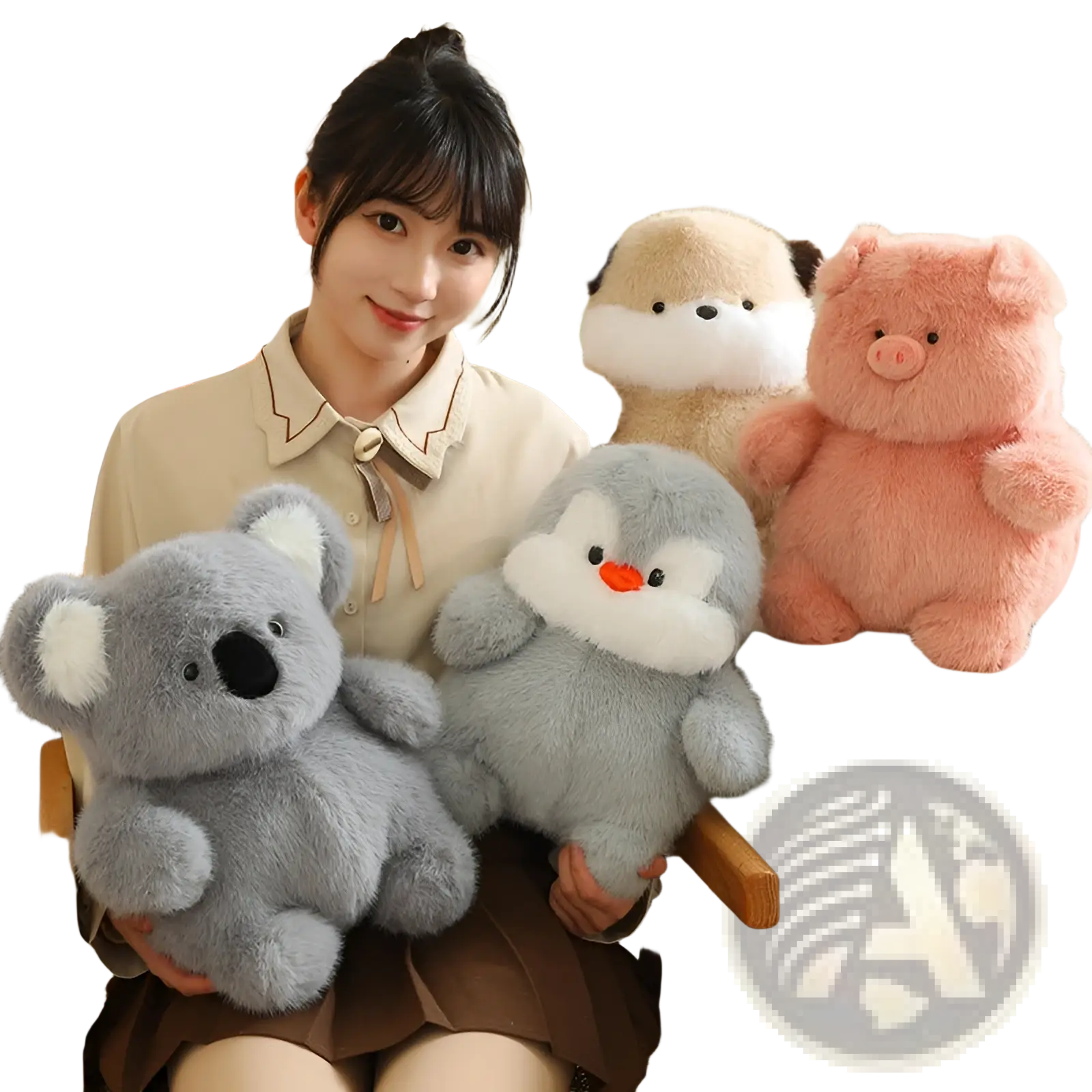 Gray koala plush toy with white inner ears and black nose lying flat soft stuffed chubby animal doll