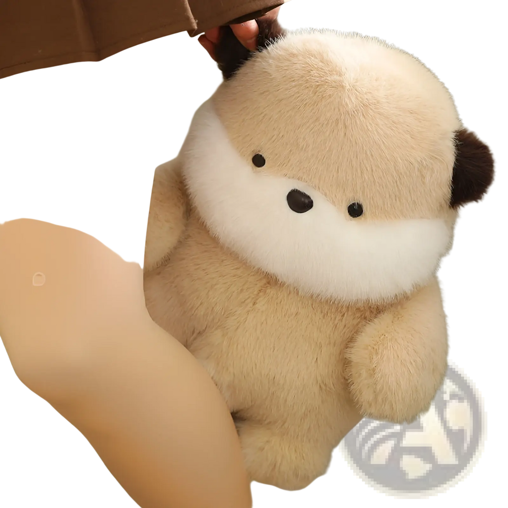 A chubby beige and white otter-shaped plush toy with black button eyes and nose soft and lying flat stuffed doll