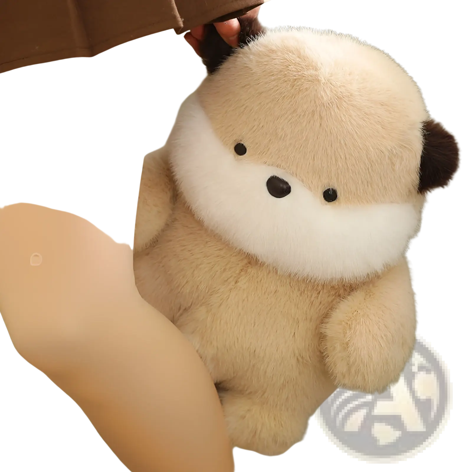 A chubby beige and white otter-shaped plush toy with black button eyes and nose soft and lying flat stuffed doll