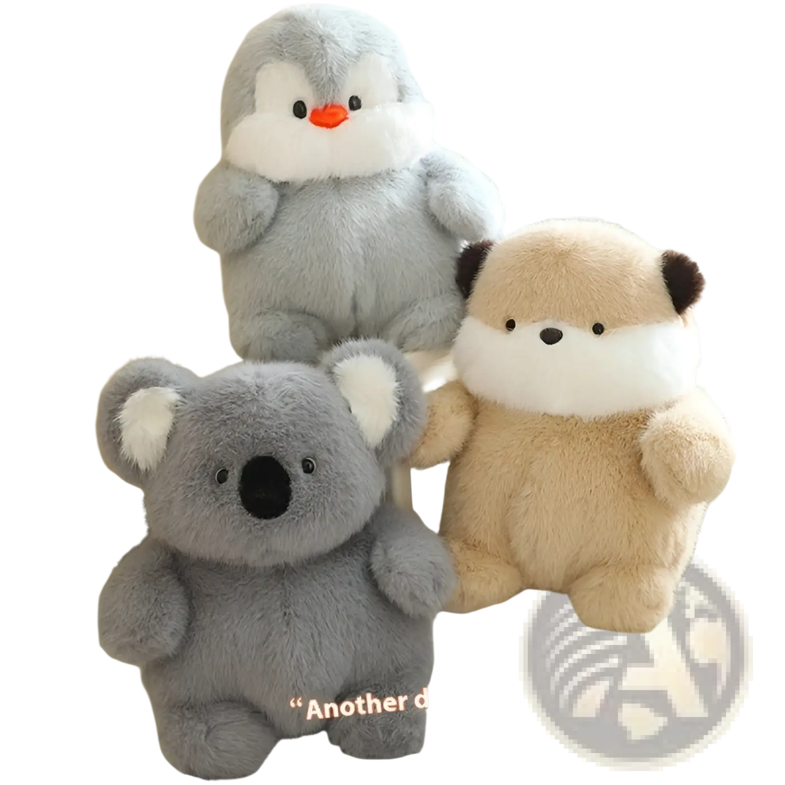 Chubby animal plush toy lying flat soft stuffed doll featuring a fluffy gray koala with white inner ears and black nose