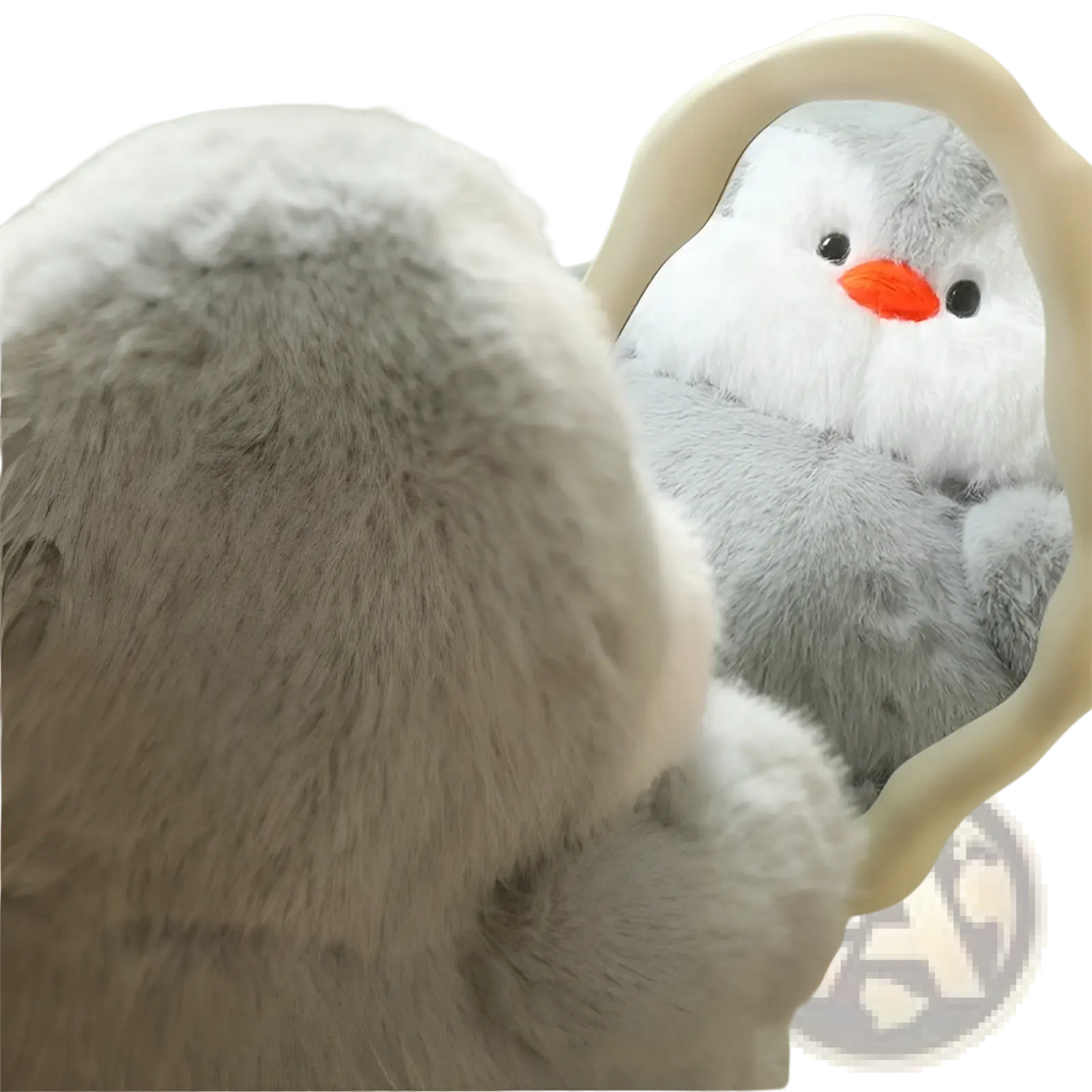 Chubby animal plush toy lying flat soft stuffed doll of a soft gray plush penguin with bright orange beak and black eyes