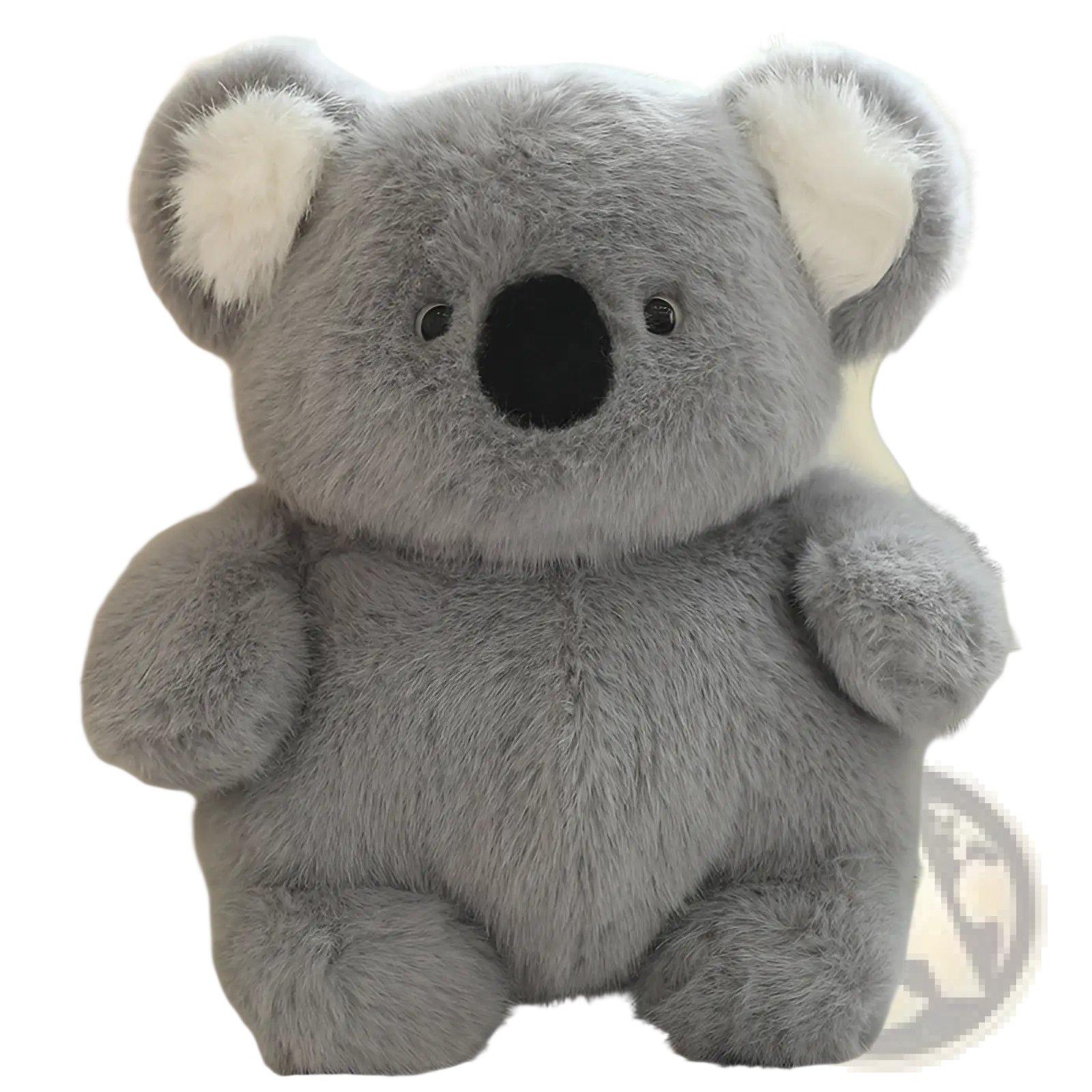 A plush gray koala chubby animal plush toy lying flat with white inner ears and black button eyes
