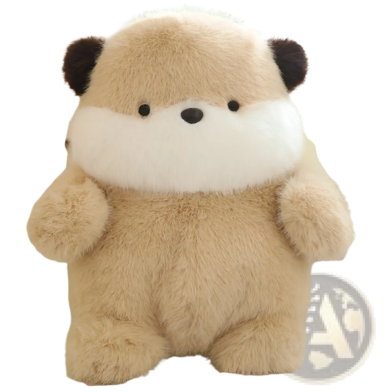 A chubby beige and white plush fox toy with black ears and nose soft stuffed doll lying flat