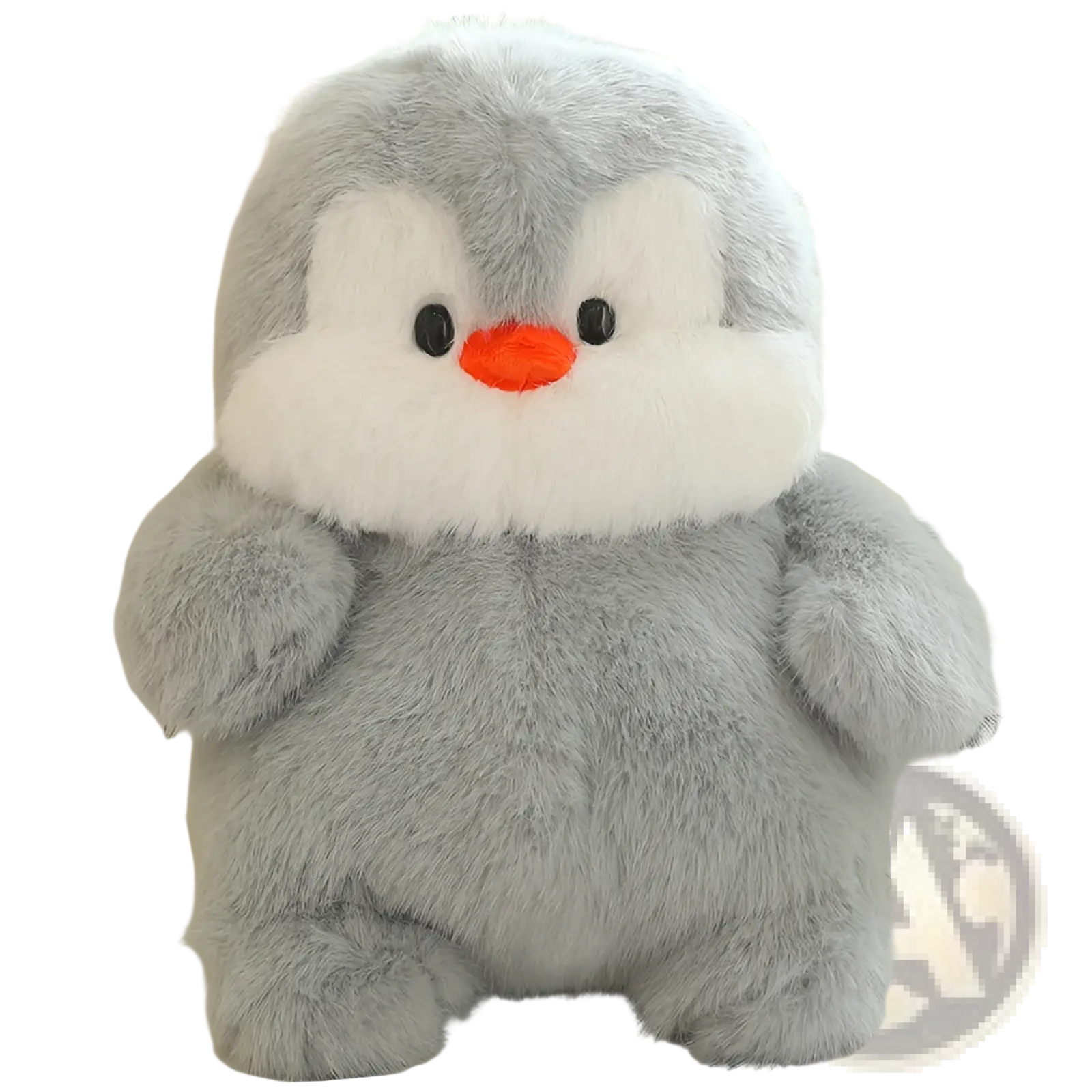 A chubby animal plush toy lying flat soft stuffed doll gray penguin with a white belly and an orange beak